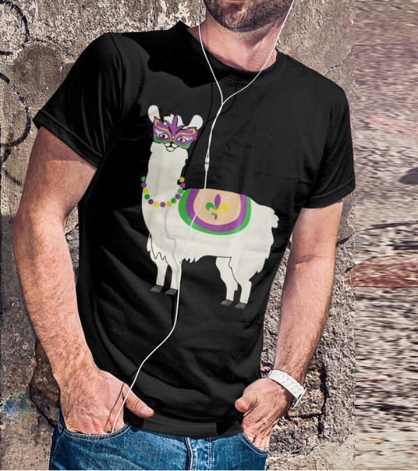 Mardi Gras Llama With Fleur-de-Lis Beads And Mask For Funny Carnival Party T-Shirt