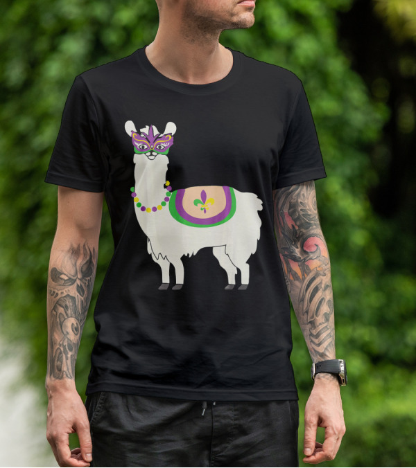 Mardi Gras Llama With Fleur-de-Lis Beads And Mask For Funny Carnival Party T-Shirt
