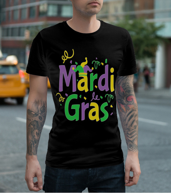 Mardi Gras Party Colorful Celebration With Jester Hat And Confetti T-Shirt