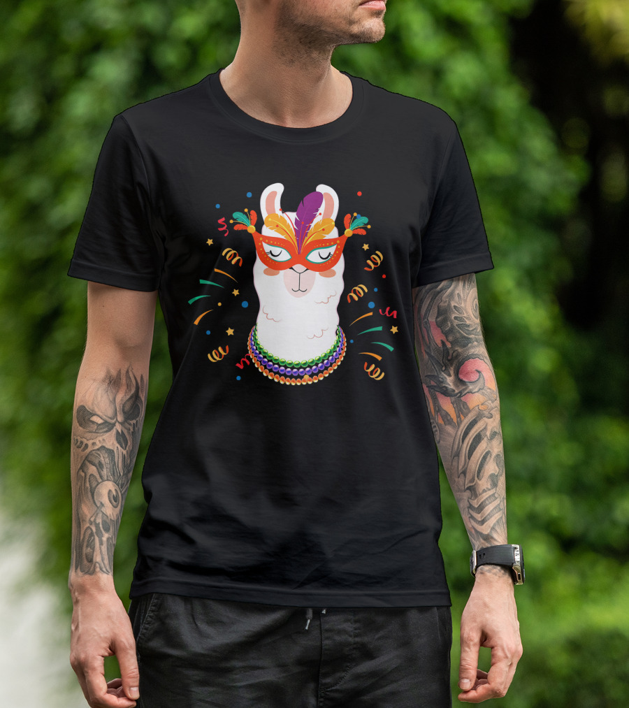 Llama Mardi Gras Mask Beads Festive T-Shirt