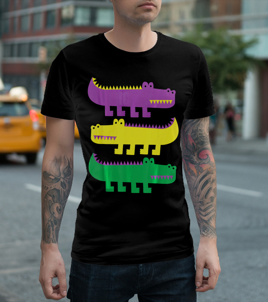Mardi Gras Happy Alligator Crocodile Fun Purple Yellow Green Trio T-Shirt