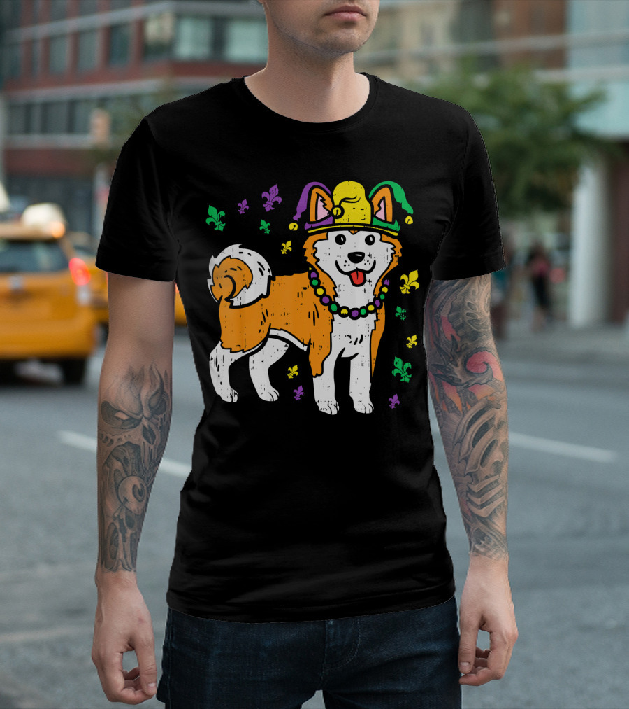 Jester Shiba Inu Akita Japanese Dog Mardi Gras Fleur-de-Lis T-Shirt