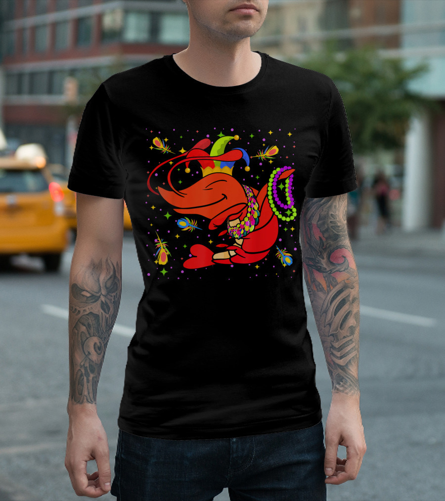 Dabbing Crawfish with Beads and Jester Hat Mardi Gras T-Shirt