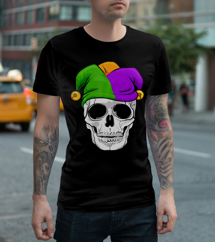 Mardi Gras New Orleans Skull with Colorful Jester Hat T-Shirt