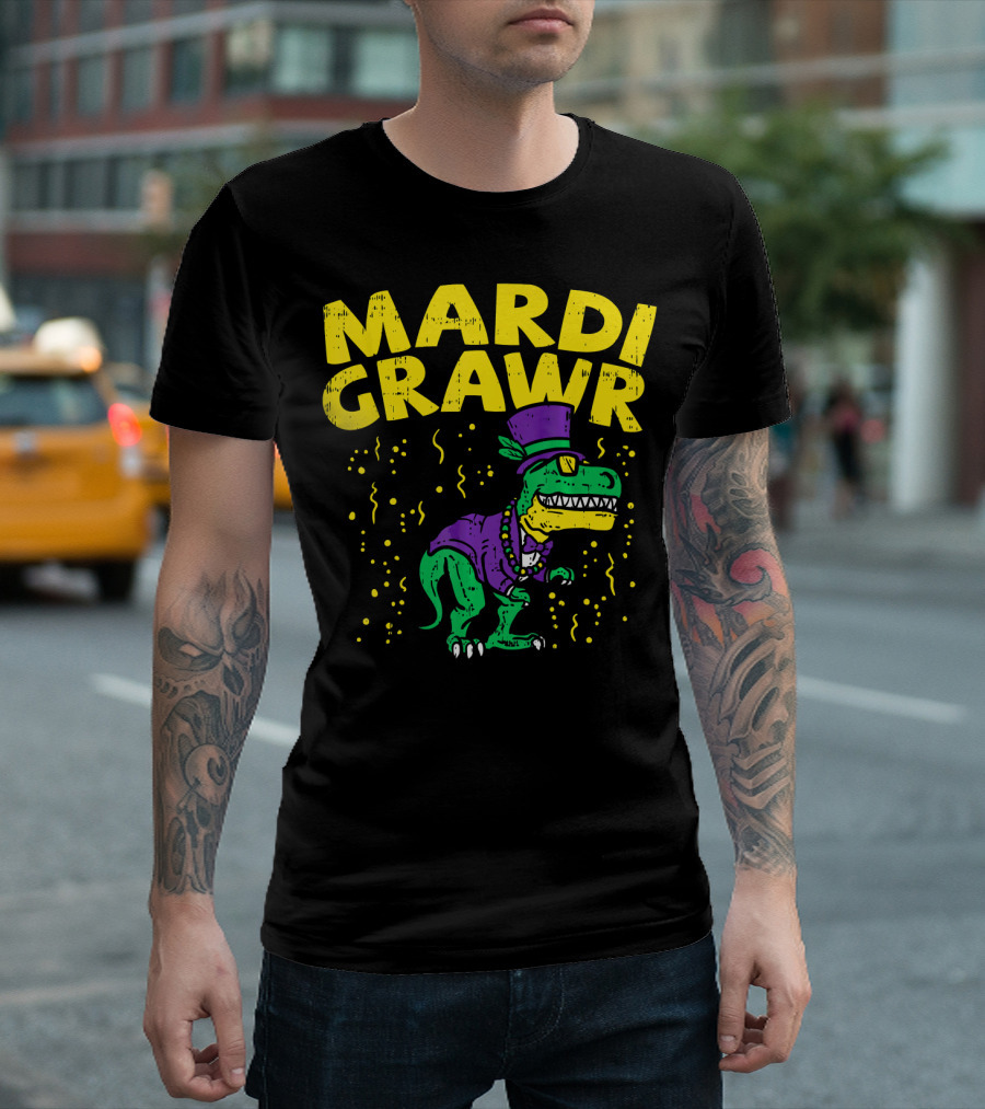 Mardi Grawr Rex Dinosaur Funny Mardi with Top Hat and Beads in Festive Colors T-Shirt