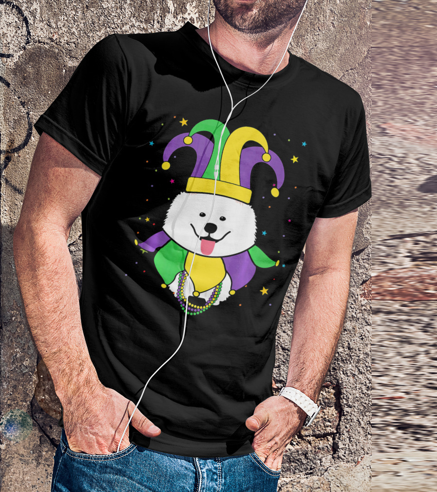 Funny Samoyed With Jester Hat And Mardi Gras Colors T-Shirt