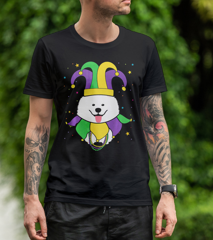 Funny Samoyed With Jester Hat And Mardi Gras Colors T-Shirt