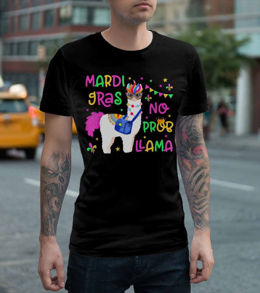 Mardi Gras No Probllama Festive Llama With Mask And Beads T-Shirt