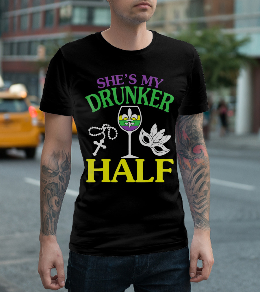 SHE'S MY DRUNKER HALF Fleur-de-Lis Wine Glass Beads Mask T-Shirt