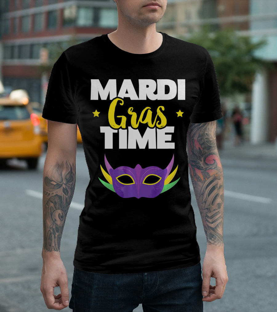 Mardi Gras Time Mask with Stars and Purple Yellow Green Elements T-Shirt
