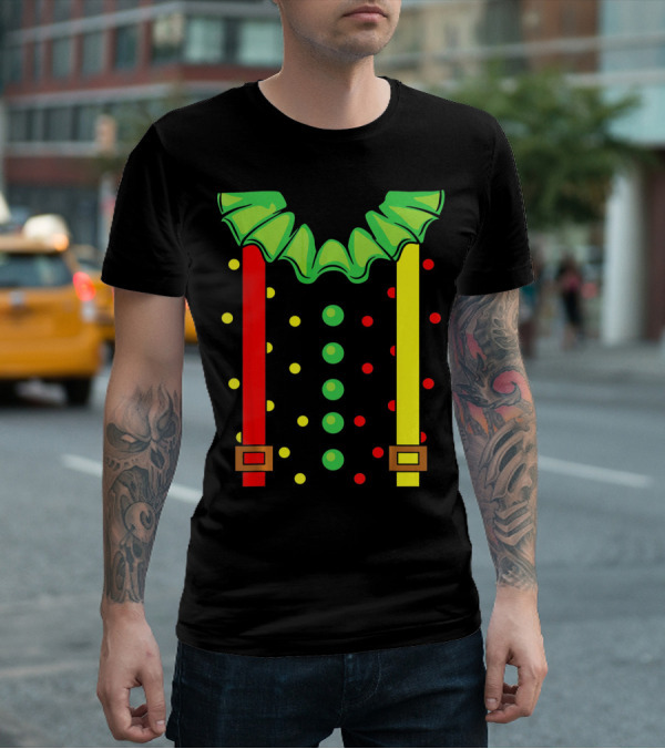 Funny Red And Yellow Suspenders With Green Jester Collar Clown T-Shirt