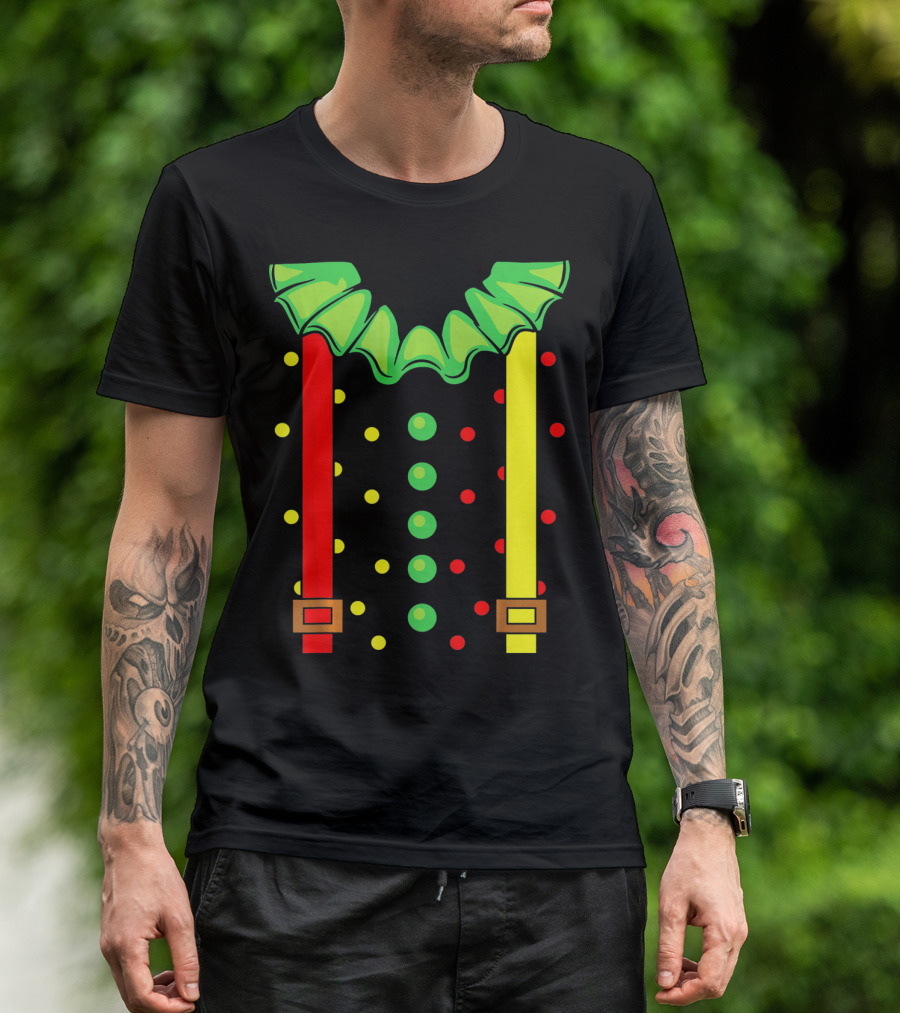 Funny Red And Yellow Suspenders With Green Jester Collar Clown T-Shirt