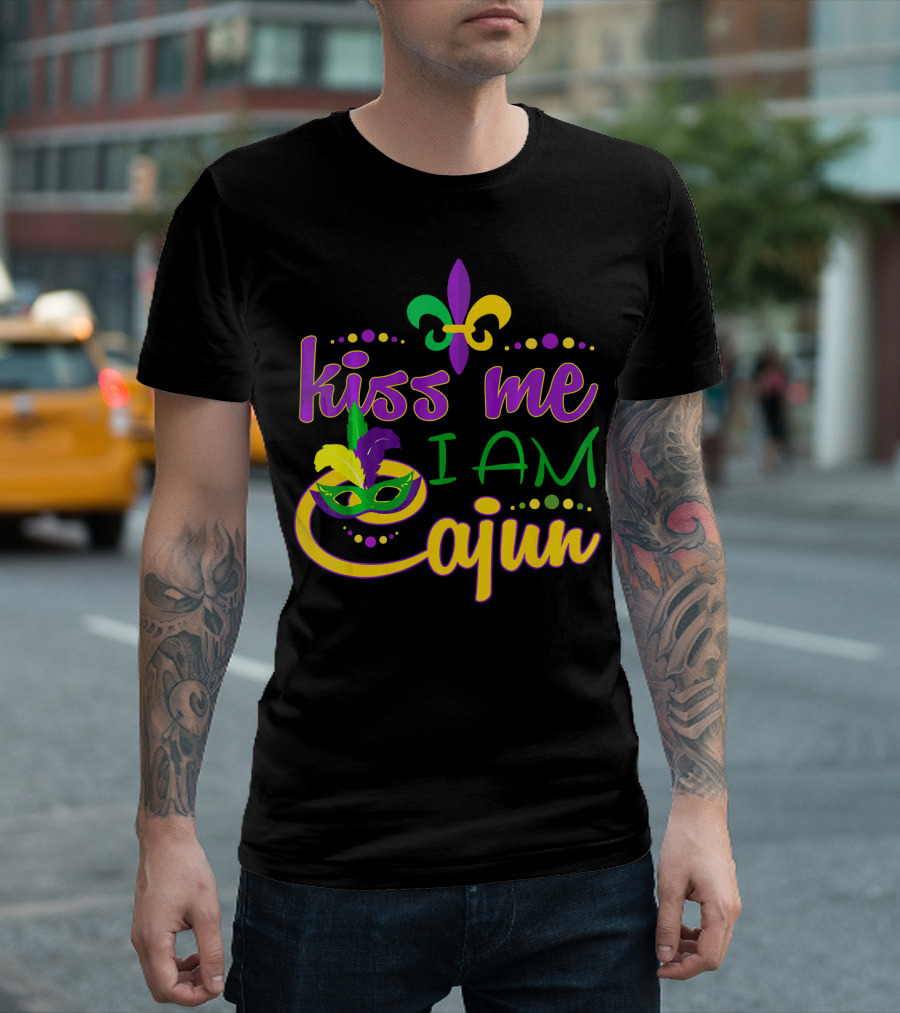 Kiss Me I Am Cajun Mardi Gras Mask Fleur de Lis T-Shirt