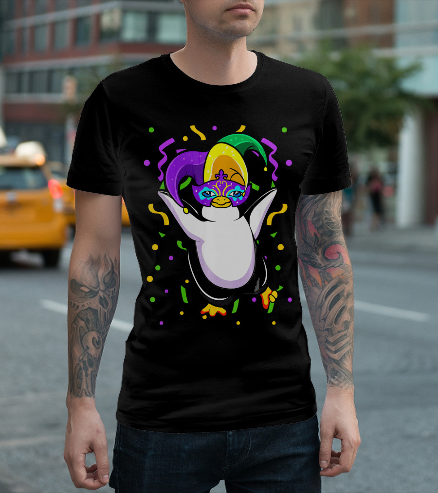 Mardi Gras Penguin With Colorful Jester Hat And Mask T-Shirt