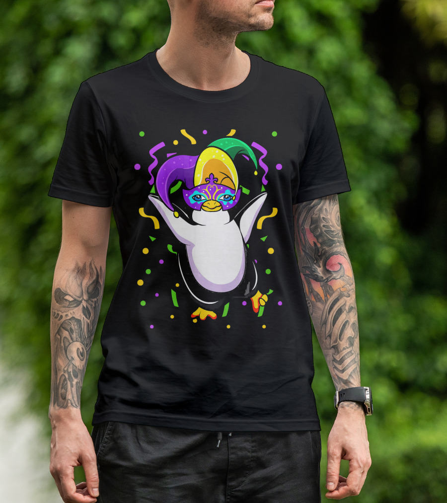 Mardi Gras Penguin With Colorful Jester Hat And Mask T-Shirt