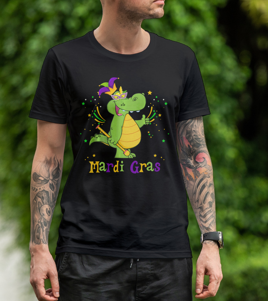 Mardi Gras Alligator With Mask And Star Accents T-Shirt