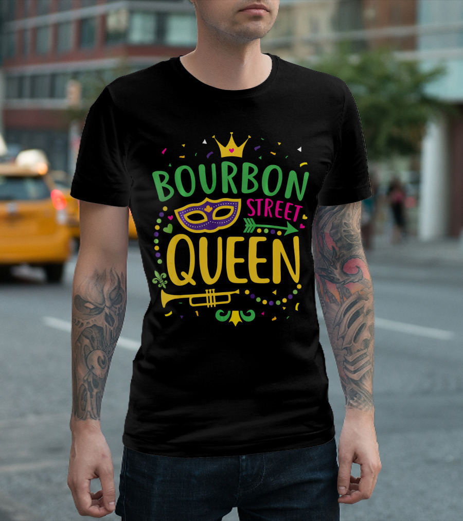 Bourbon Street Queen Mardi Gras Mask And Trumpet T-Shirt