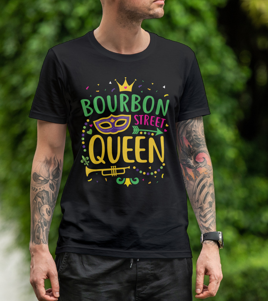 Bourbon Street Queen Mardi Gras Mask And Trumpet T-Shirt