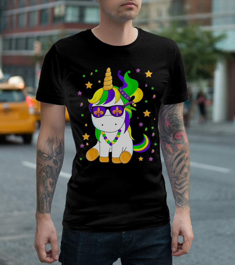 Mardi Gras Unicorn Kid Carnival Stars Fleur-de-Lis Beads T-Shirt