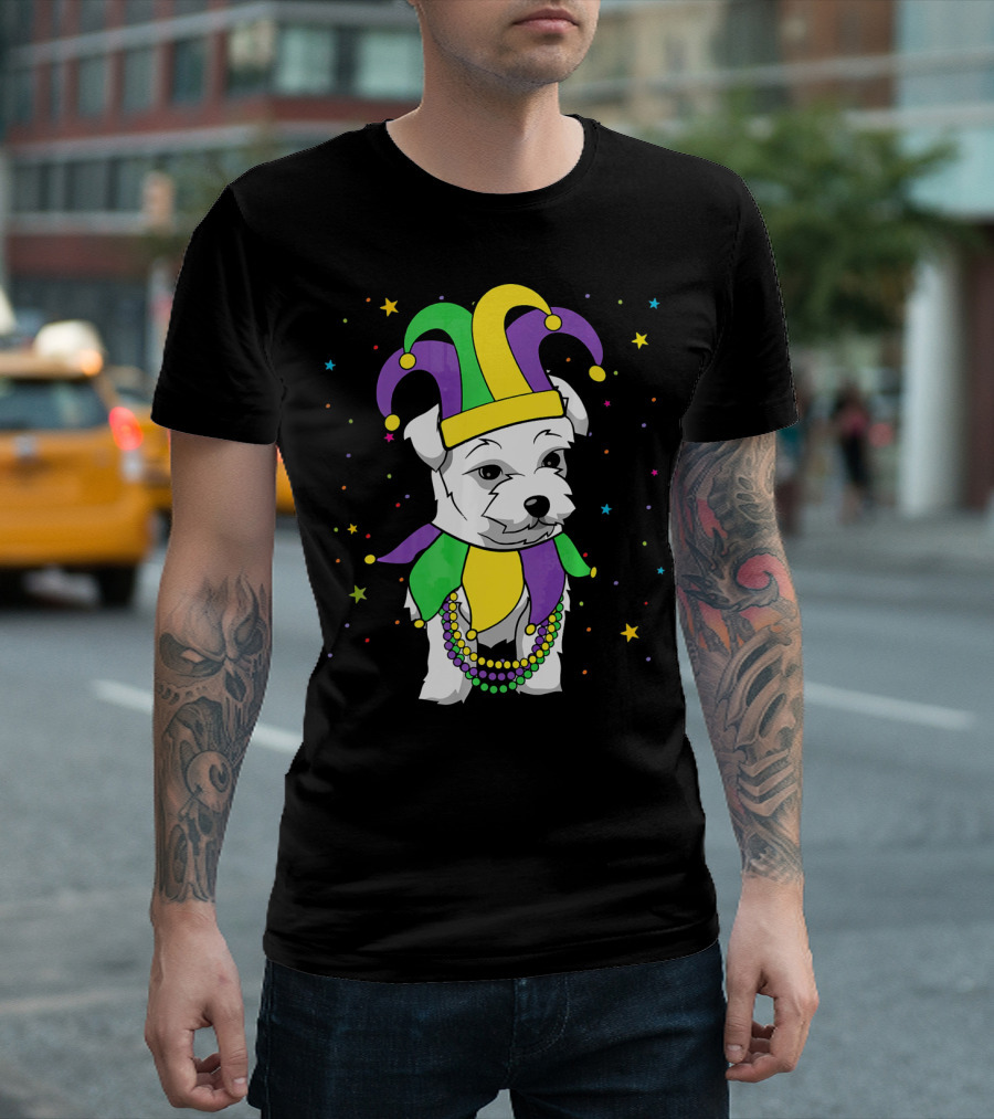 Havanese Dog Jester Hat Mardi Gras Beads Funny Stars T-Shirt