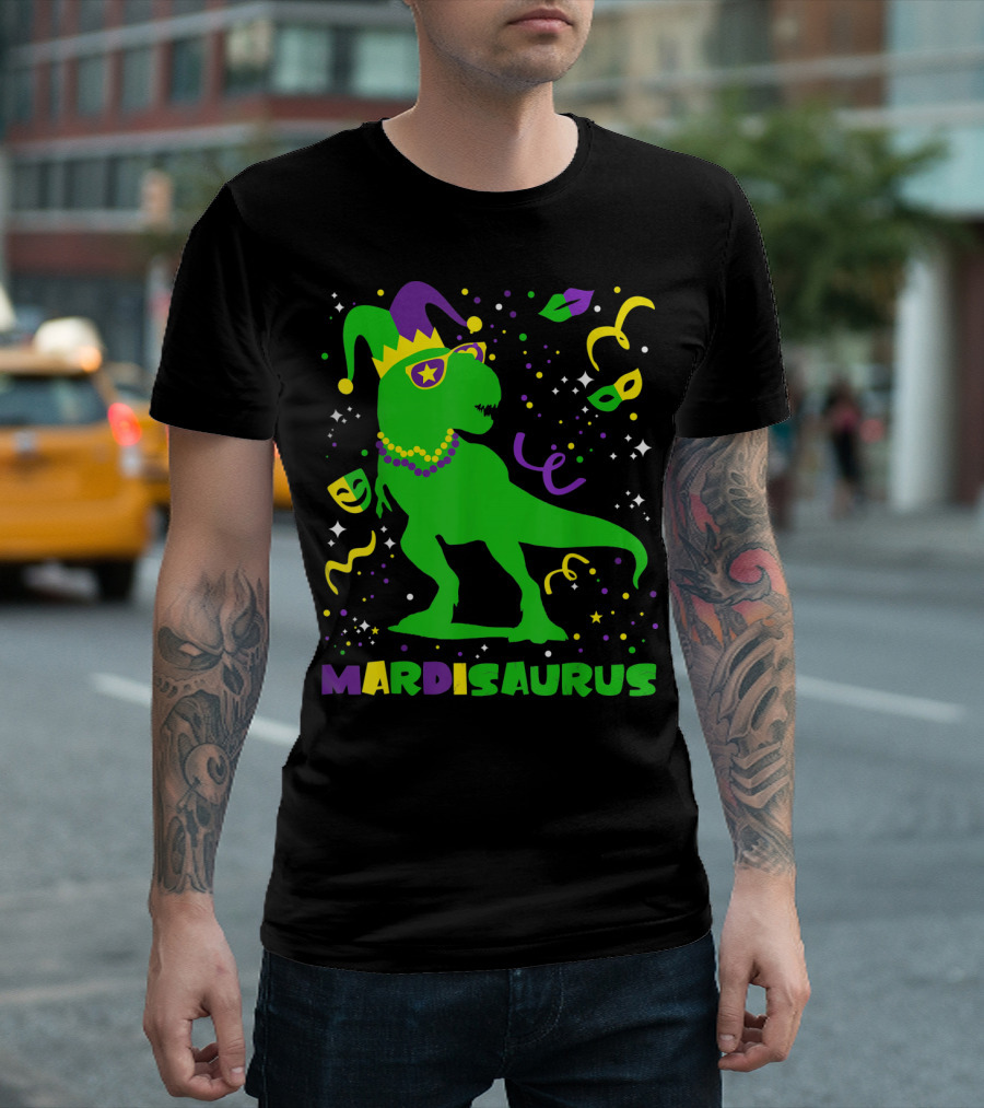 Mardi Gras Dinosaur Mardisaurus Jester Hat Beads Masks Party T-Shirt