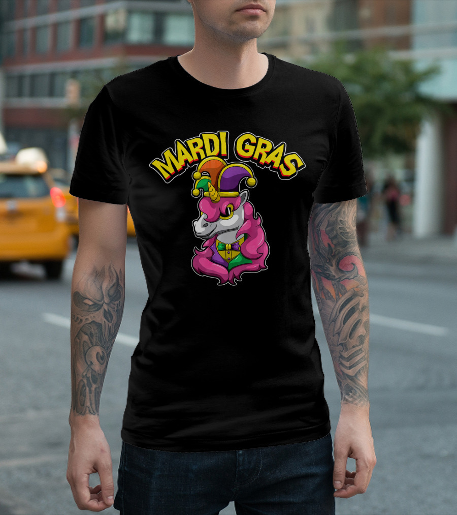 Mardi Gras Unicorn in Jester Hat with Colorful Costume T-Shirt