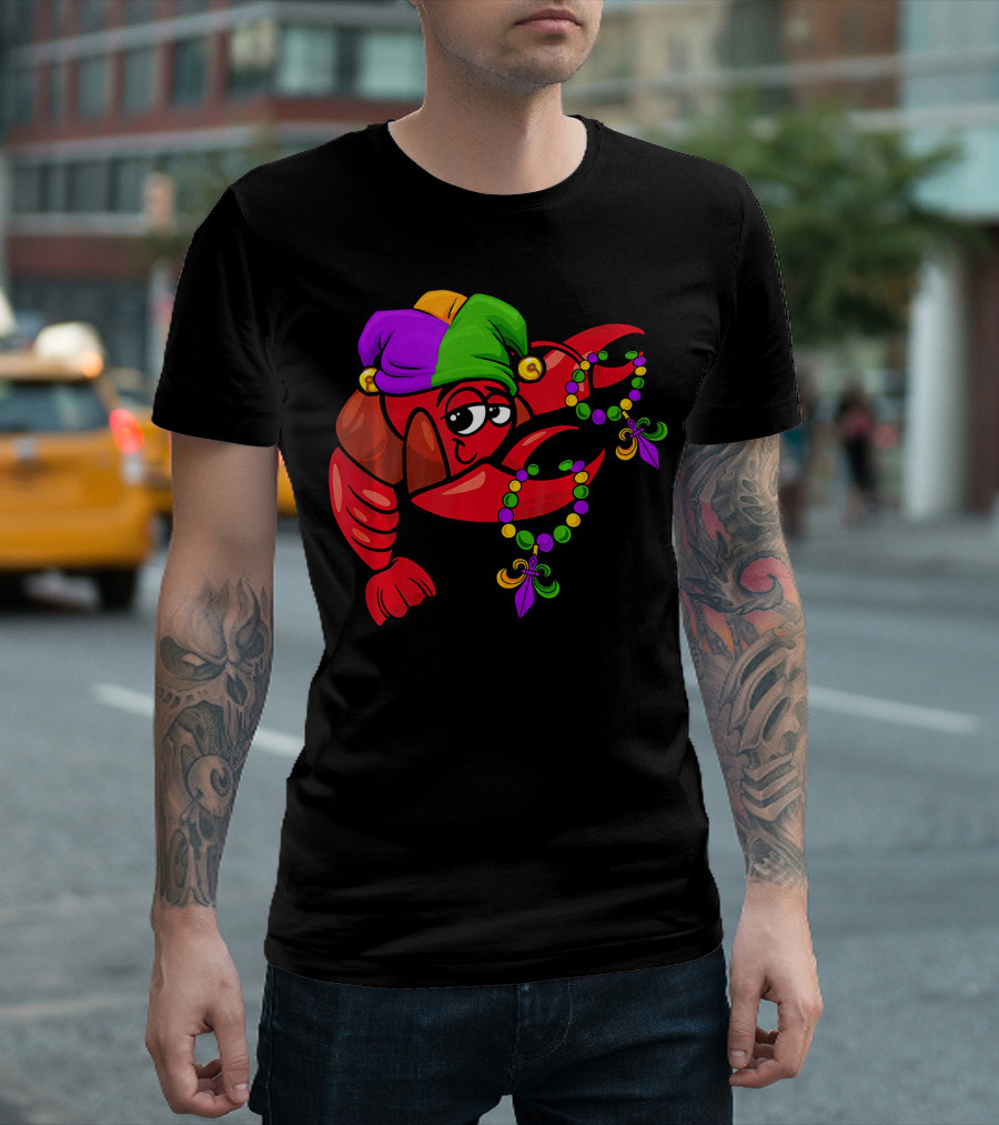 Funny Mardi Gras Dabbing Crawfish Jester With Beads And Hat T-Shirt
