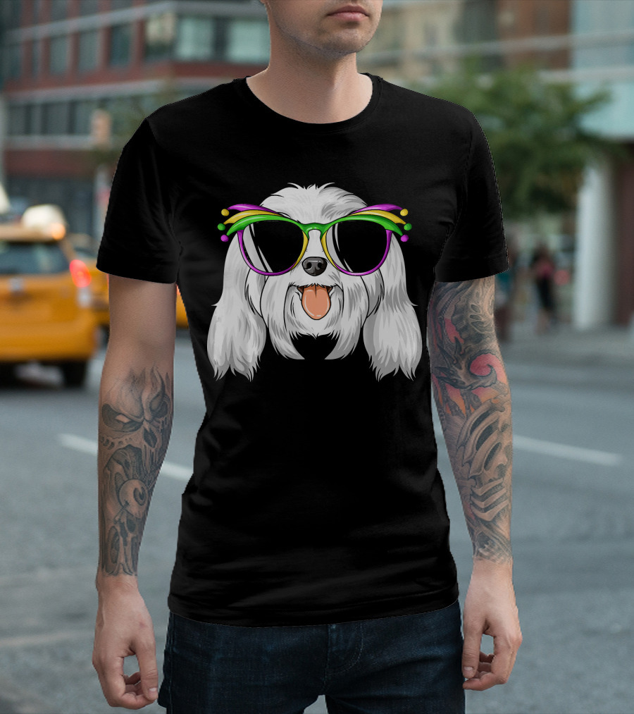 Maltese Dog with Mardi Gras Carnival Mask and Sunglasses T-Shirt
