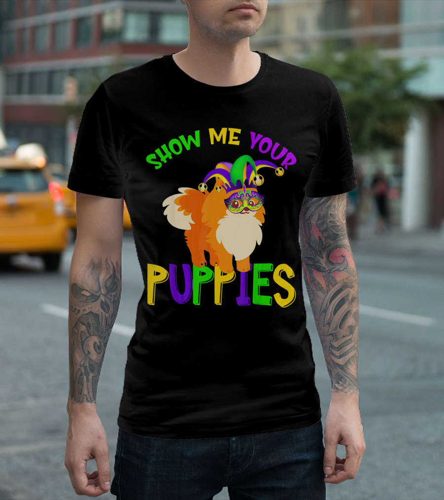 Show Me Your Puppies Pomeranian Jester Mask Colorful Fun T-Shirt