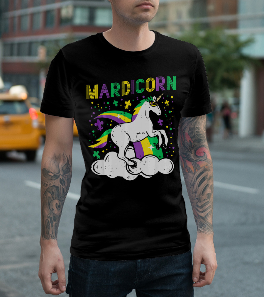 Mardicorn Retro Unicorn Jester Animal Mardi Gras Fleur-de-Lis Clouds T-Shirt