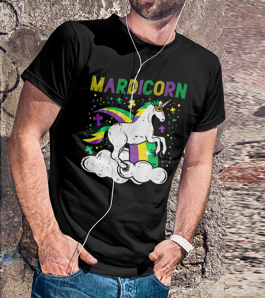 Mardicorn Retro Unicorn Jester Animal Mardi Gras Fleur-de-Lis Clouds T-Shirt
