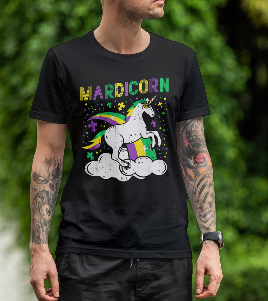 Mardicorn Retro Unicorn Jester Animal Mardi Gras Fleur-de-Lis Clouds T-Shirt