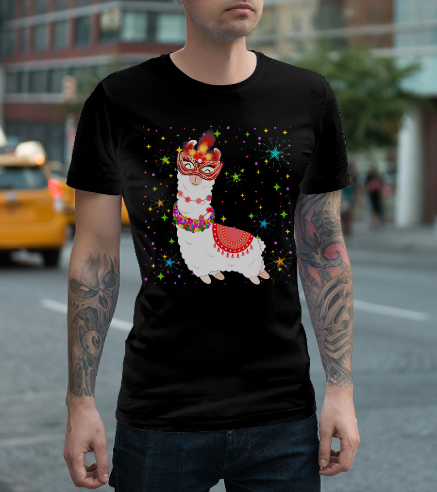 Llama Mardi Gras Mask Beads Colorful Festive Stars T-Shirt
