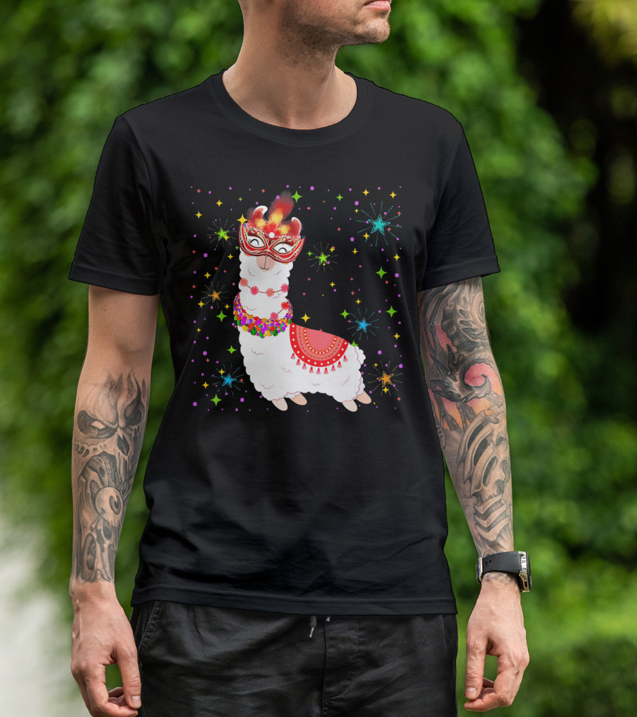 Llama Mardi Gras Mask Beads Colorful Festive Stars T-Shirt