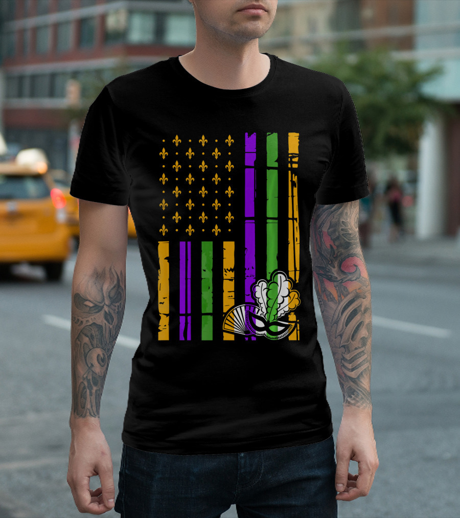 US Mardi Gras Celebration Flag Fleur De Lis Mask T-Shirt