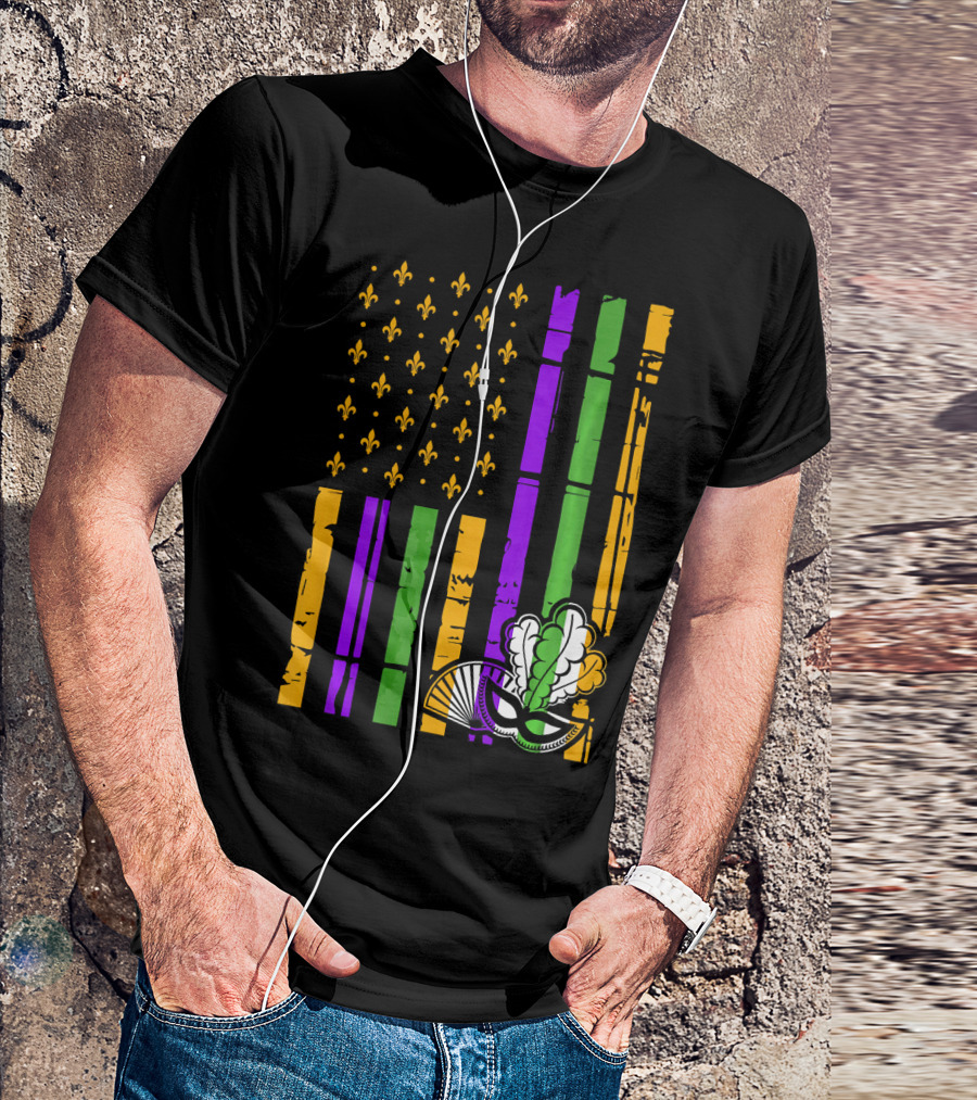 US Mardi Gras Celebration Flag Fleur De Lis Mask T-Shirt
