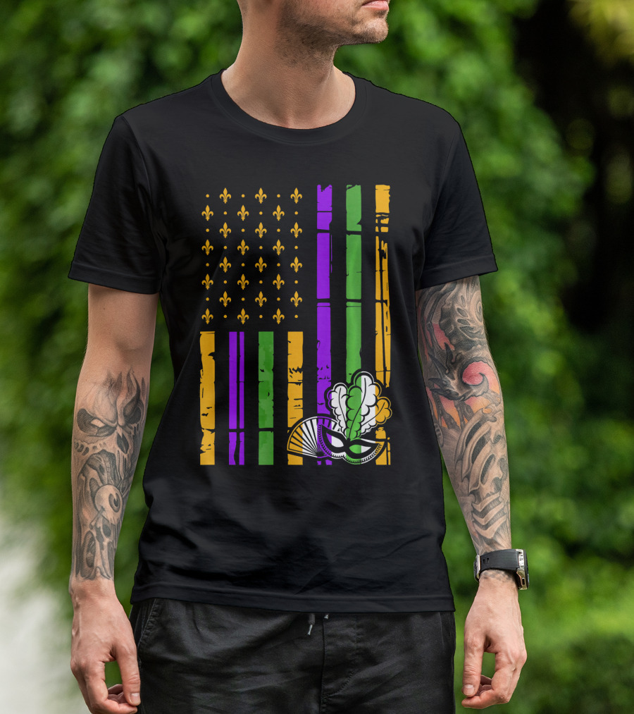 US Mardi Gras Celebration Flag Fleur De Lis Mask T-Shirt