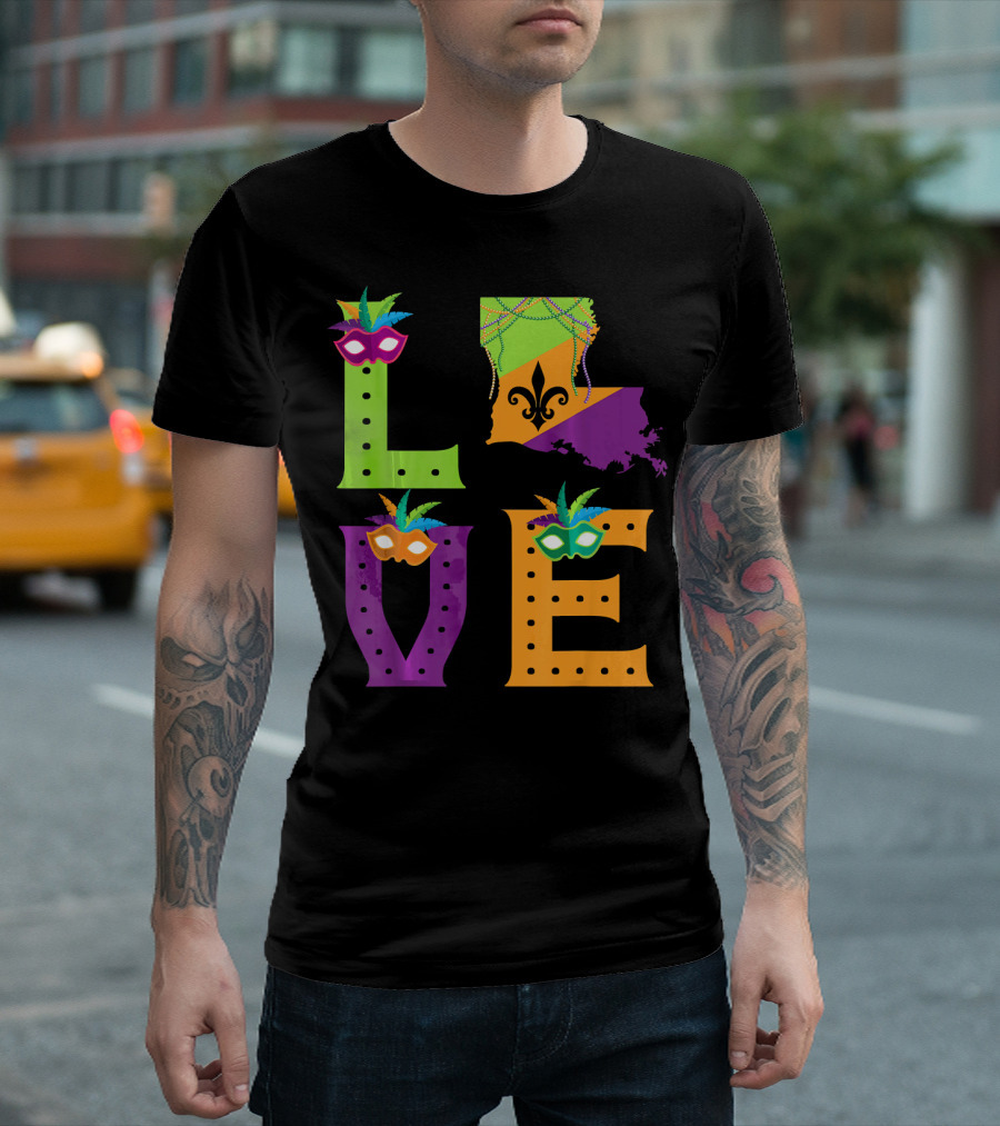 Love Mardi Gras Louisiana Fleur-de-lis Mask Beads T-Shirt