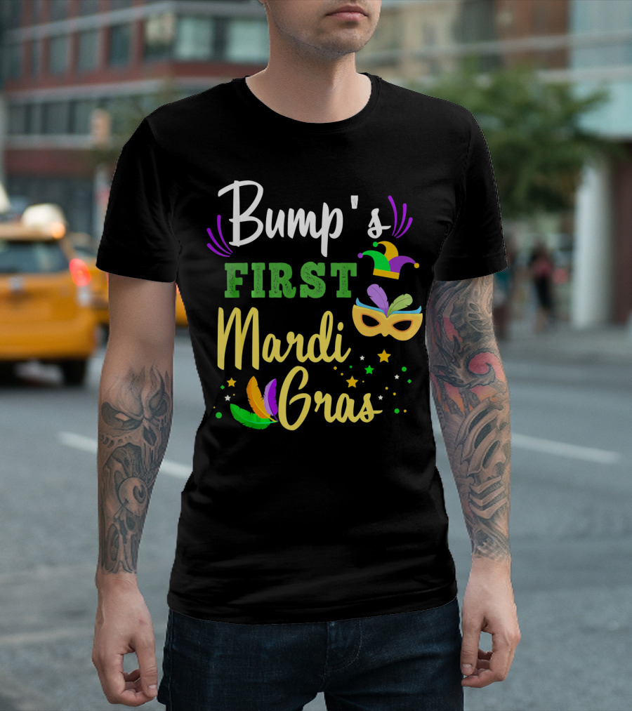 Bump's First Mardi Gras Jester Hat Mask Feathers Stars T-Shirt