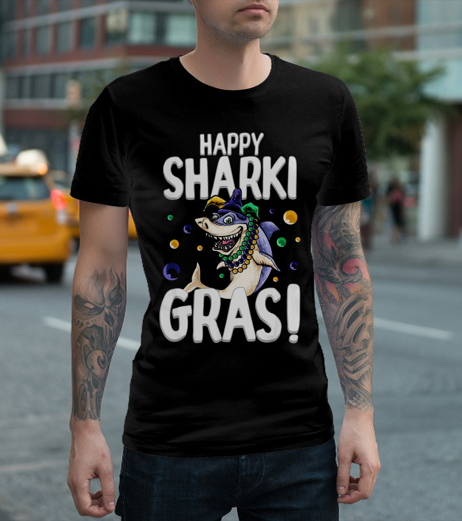 Happy Sharki Gras Funny Mardi Gras Shark with Beads and Jester Hat T-Shirt