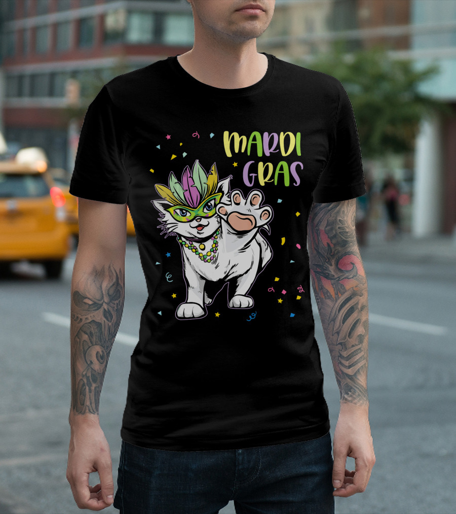 Mardi Gras Masked Cat Dancing With Beads And Confetti T-Shirt