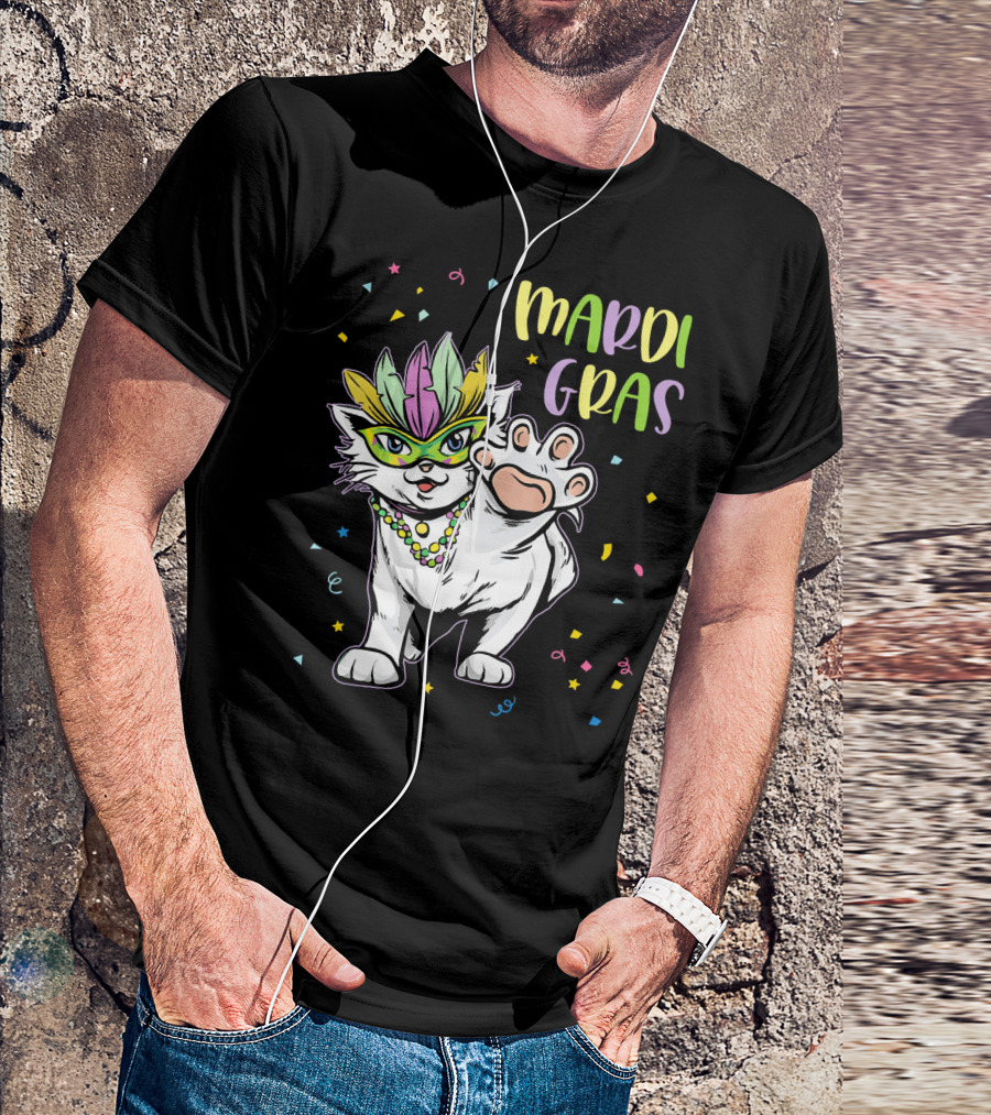 Mardi Gras Masked Cat Dancing With Beads And Confetti T-Shirt