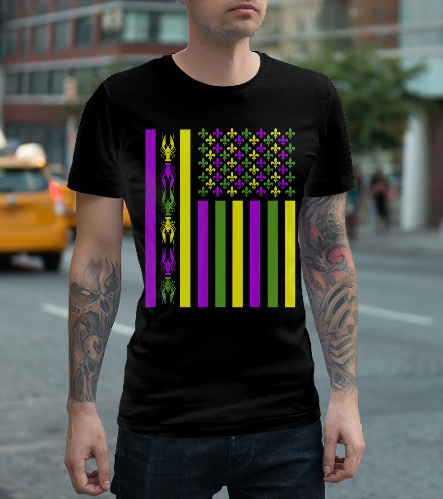 American Flag Mardi Gras Fleur De Lis Crawfish Stripes T-Shirt