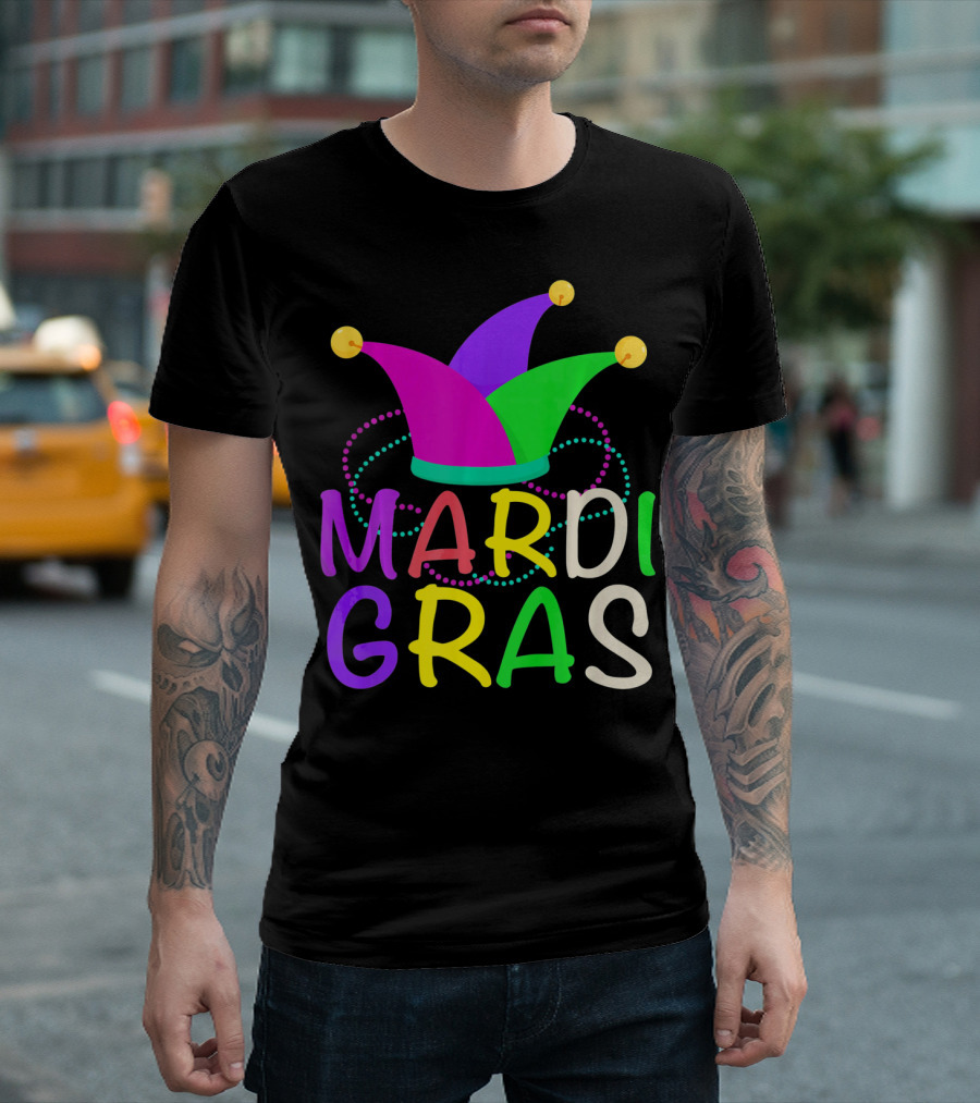 Mardi Gras Jester Hat Colorful Beads T-Shirt