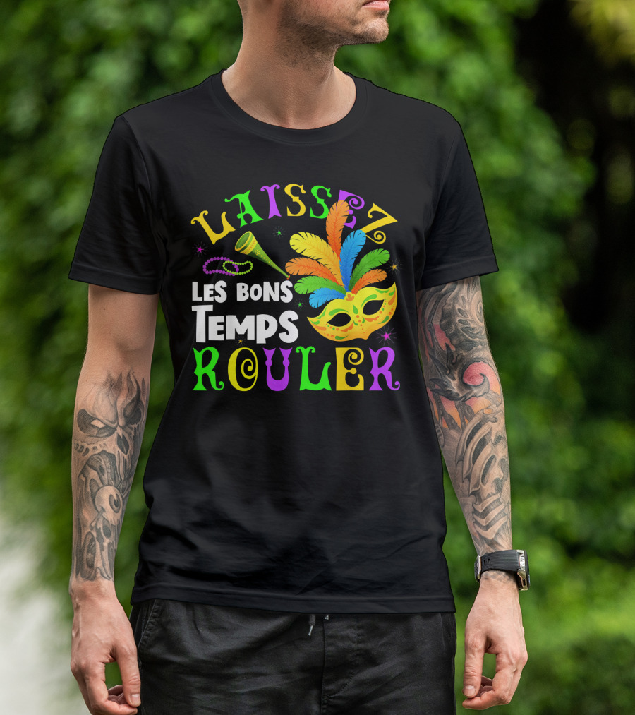 Laissez Les Bons Temps Rouler Mardi Gras Mask Beads Horn T-Shirt