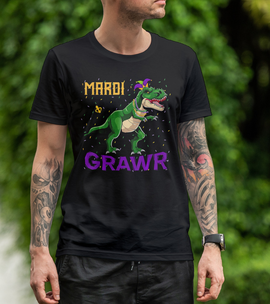 Mardi Gras Dinosaur Rex Grawr Festive Beads And Fleur-de-lis T-Shirt