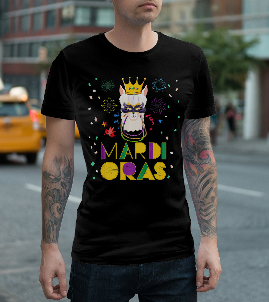 Mardi Gras Llama Alpaca Crowns Beads Fun Mask Fireworks T-Shirt
