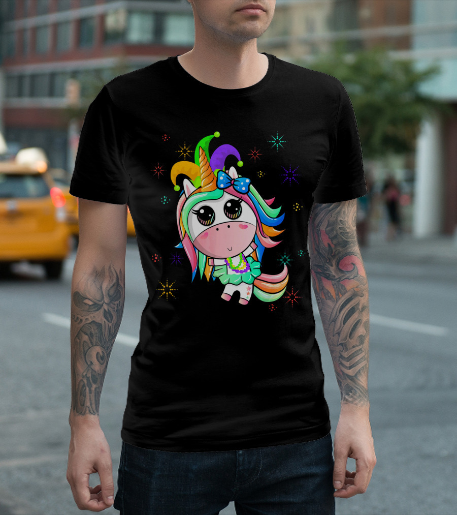 Mardi Gras Unicorn with Colorful Beads and Jester Hat T-Shirt