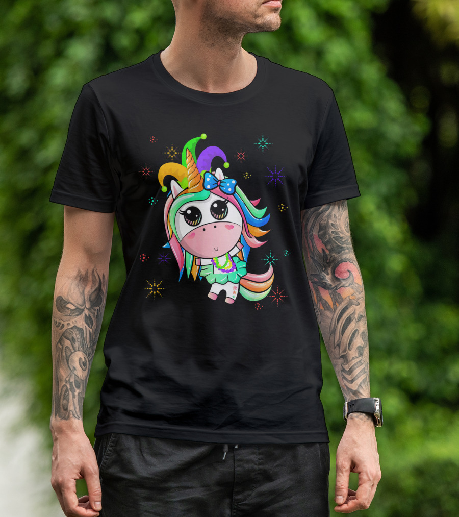 Mardi Gras Unicorn With Colorful Beads And Jester Hat T-Shirt