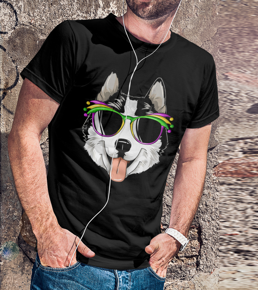 Husky Mardi Gras Carnival Mask Sunglasses Dog T-Shirt
